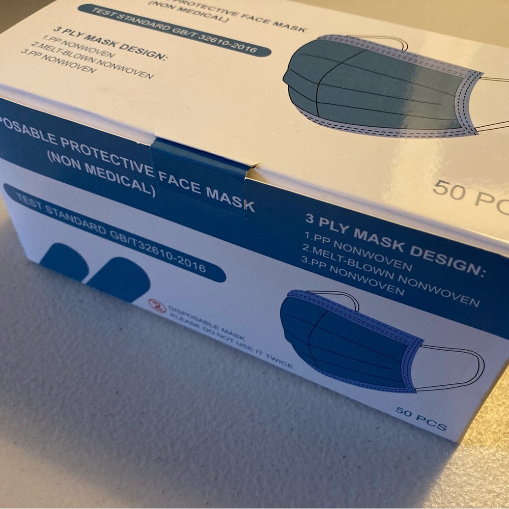 Disposable Protective Face Masks New in Box 50 Pieces 3 Ply Mask Design